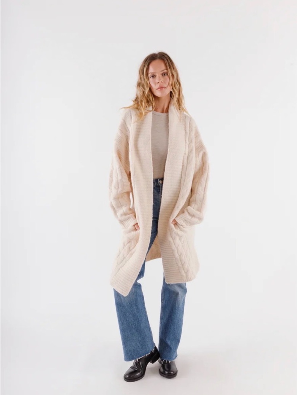 RAGA Cream Open-Front Cable Knit Cardigan